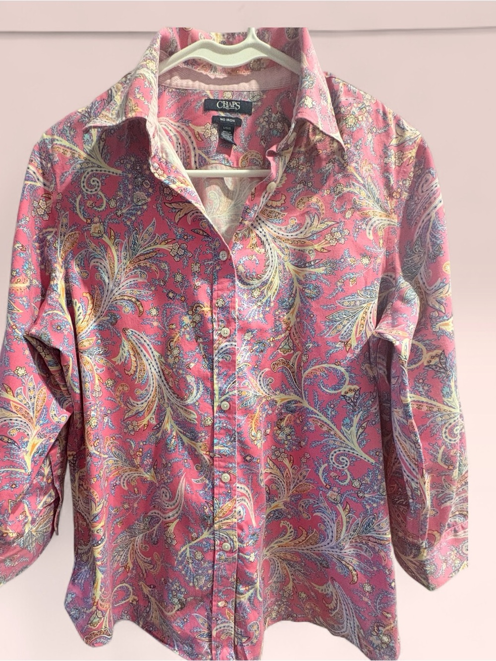 Chaps Pink Paisley Button-Front Shirt with Yellow & Blue Accents. Ladies large